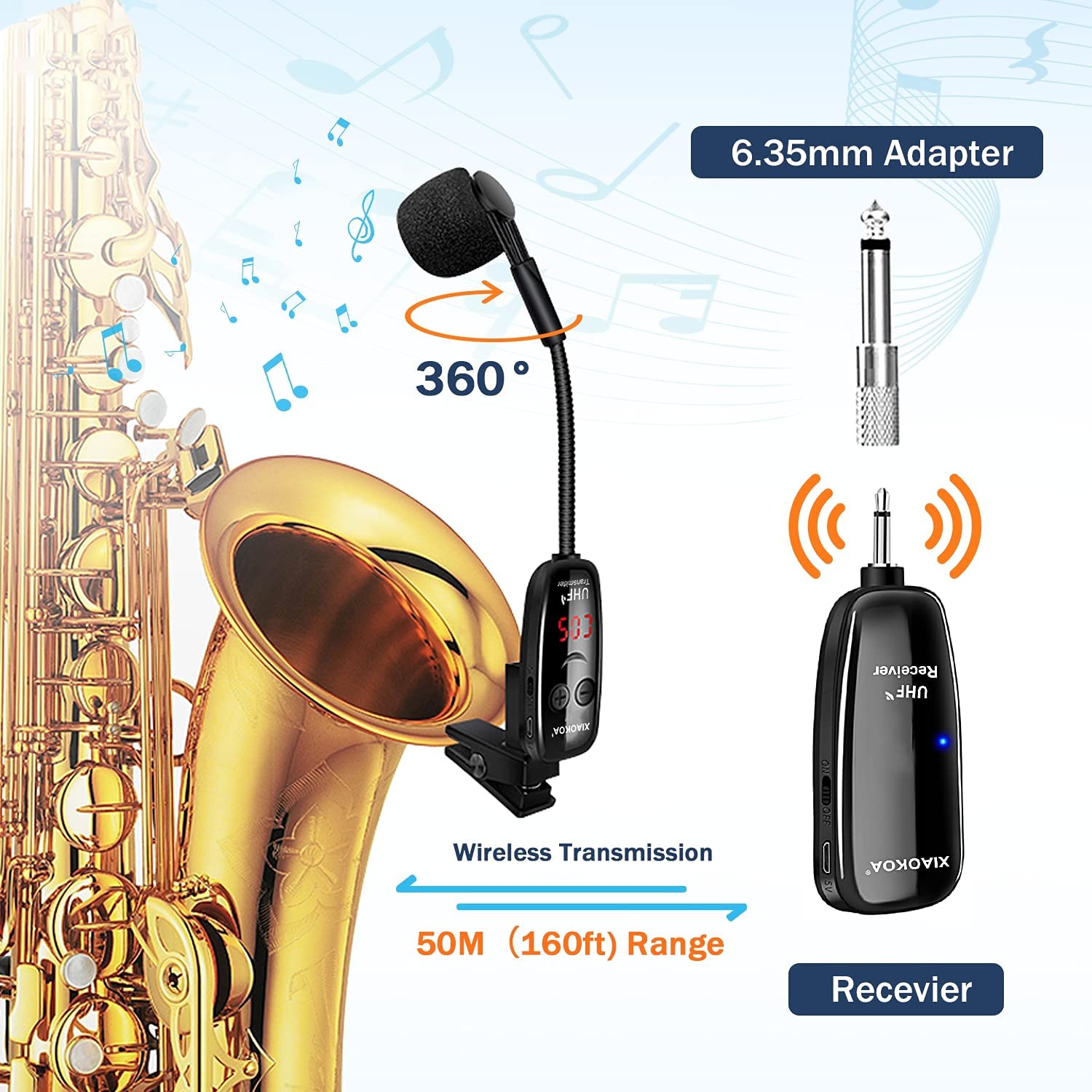 XIAOKOA UHF Wireless Instruments Microphone,Saxophone Microphone