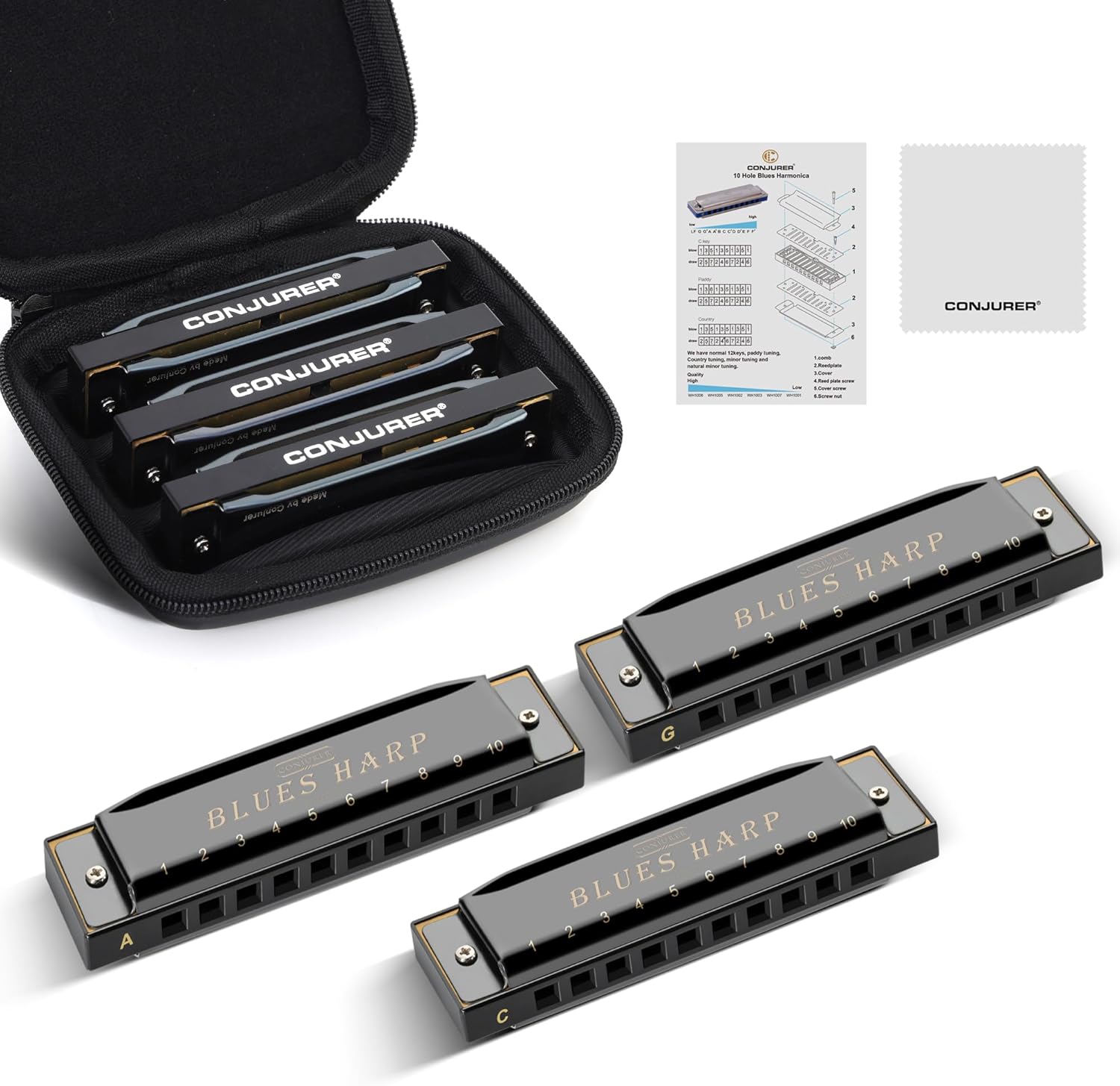 Conjurer 10 Hole Diatonic Blues Harmonica Set of 3 Keys with case