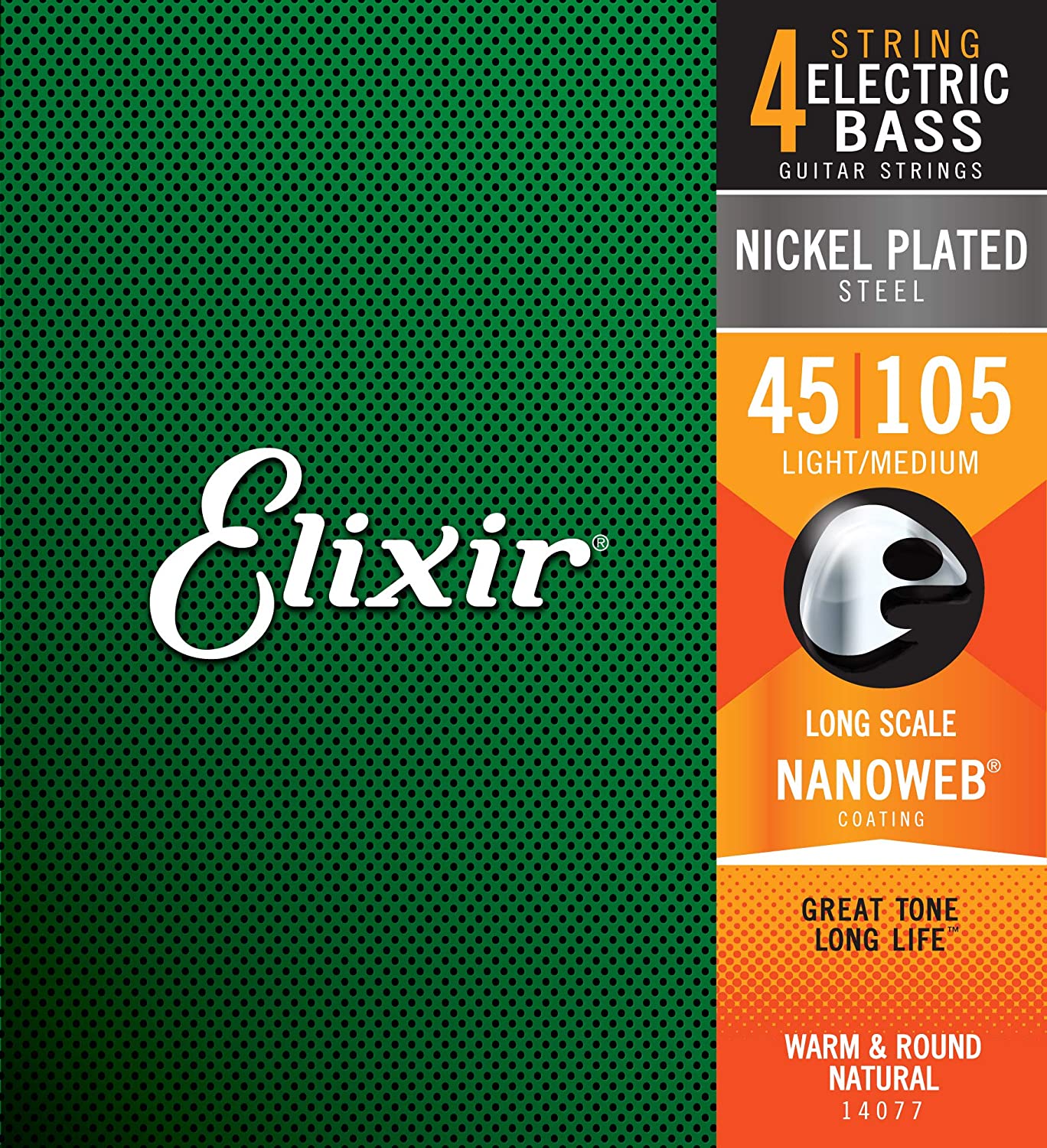 Elixir Strings 14077 Nanoweb Electric Bass Guitar Strings - .045-.105 Light/Medium Long Scale