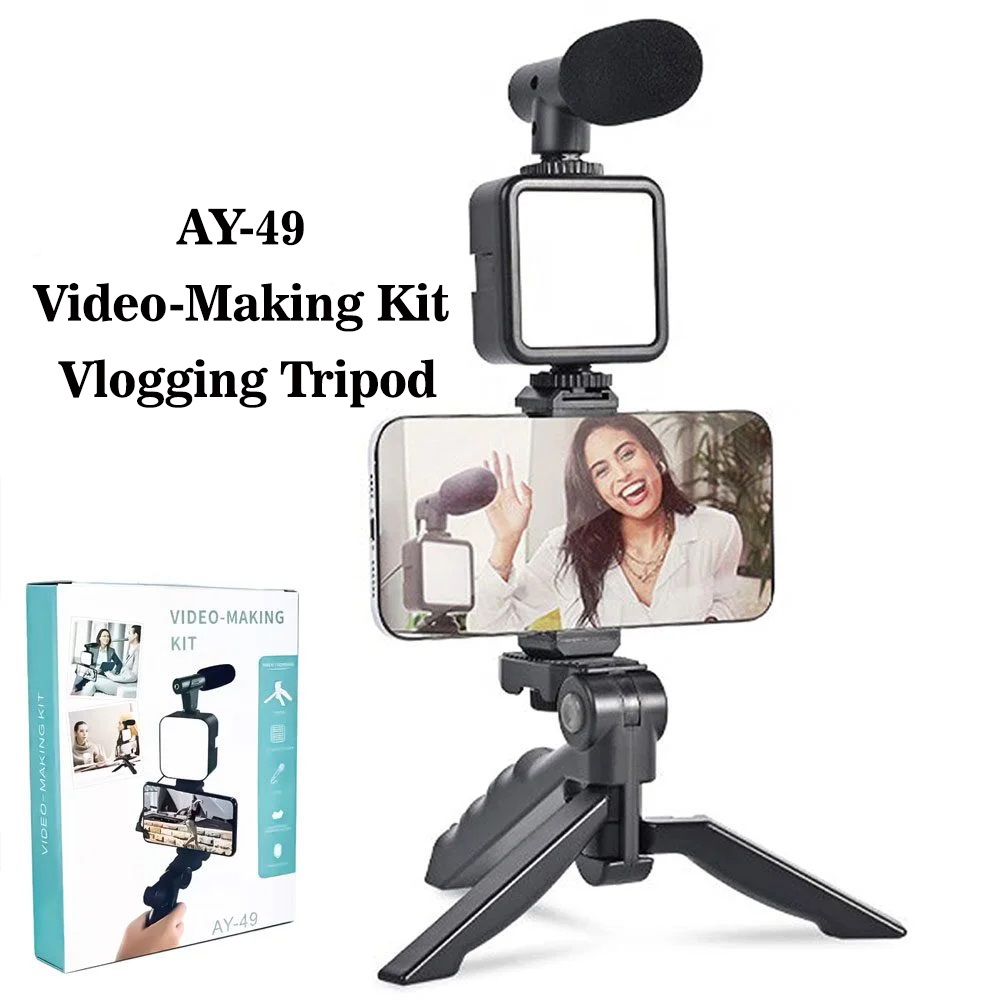 AY-49 Vid Making Vlog Kit–Tripod, Mic and Light for Live Broadcast|YouTube| TikTok|Online Meeting