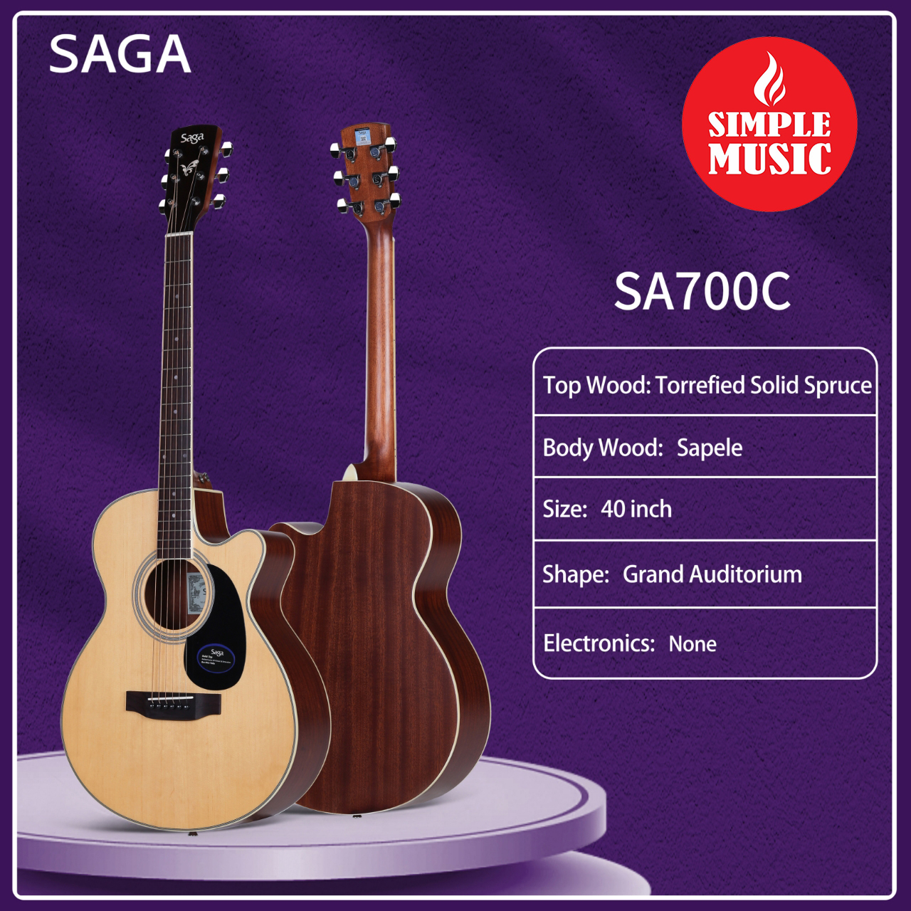 SAGA SA700C 40 Cutaway Grand Auditorium Acoustic Guitar(Solid Top)-Natural