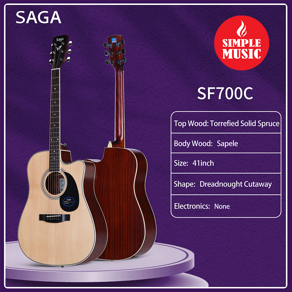 SAGA SF700C  41 Dreadnought Cutaway Natural Acoustic Guitar (Solid Spruce Top)