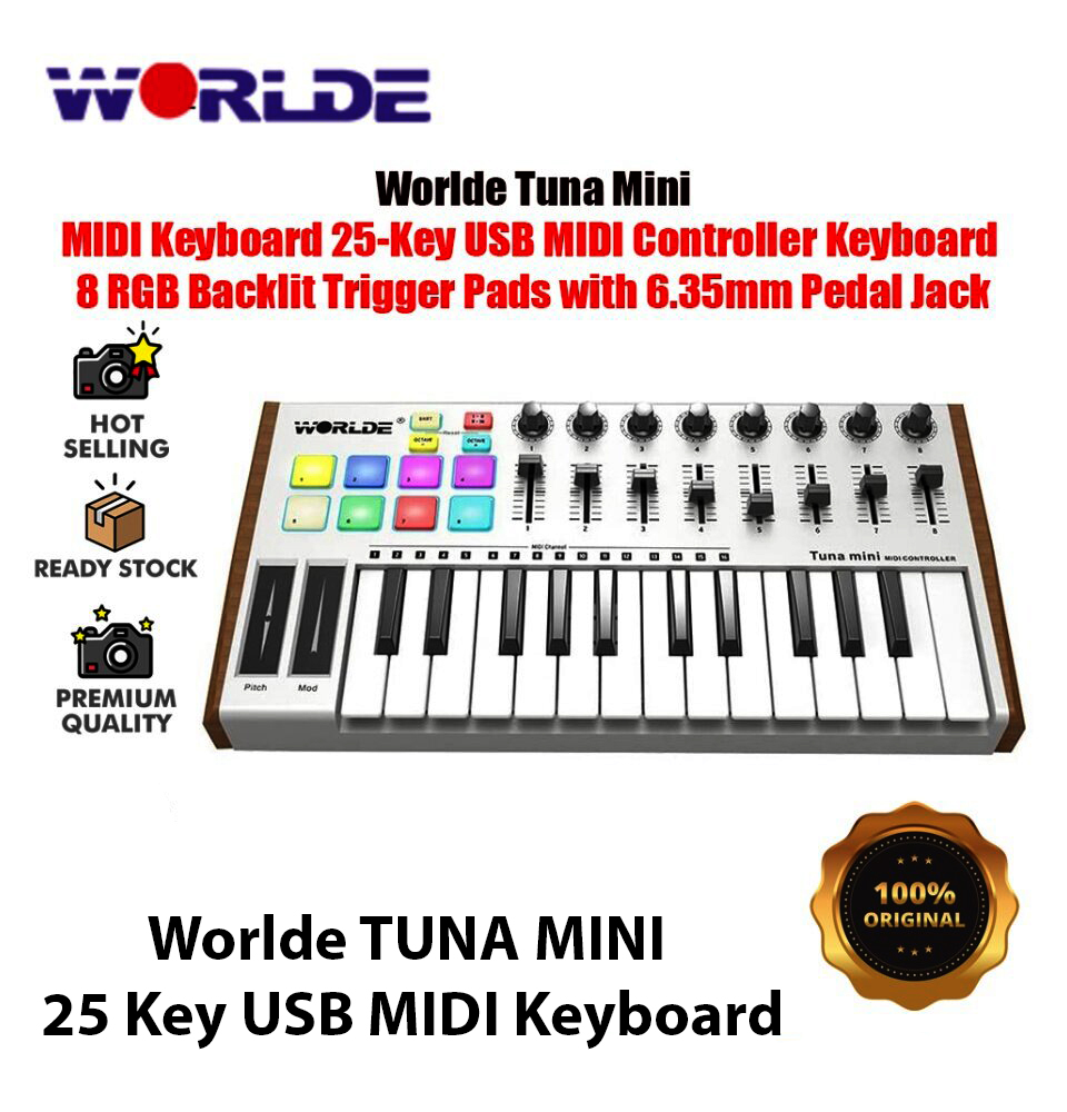 TUNAMINI 25 Keys USB MIDI Keyboard Controller 8 RGB Backlit DJ Pianos Trigger Colorful Pads