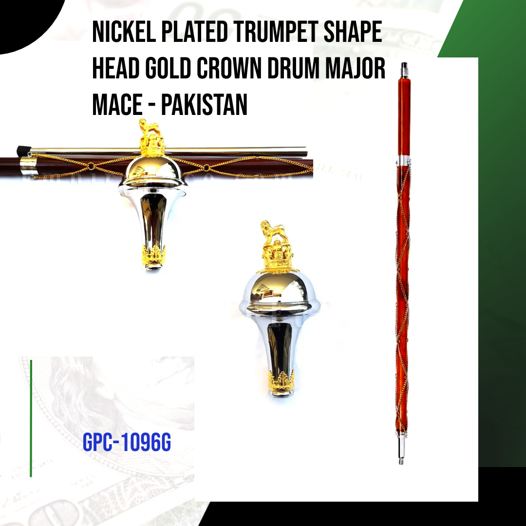 NICKEL PLATED TRUMPET SHAPE HEAD GOLD CROWN DRUM MAJOR MACE GPC-1096G(Pakistan)