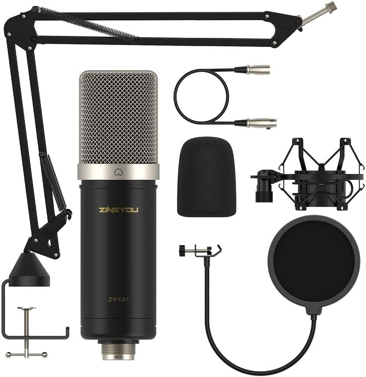 ZINGYOU XLR Condenser Microphone, Professional Studio Mic Kit for Record, Podcast, Streaming, CA1 (Nickel)