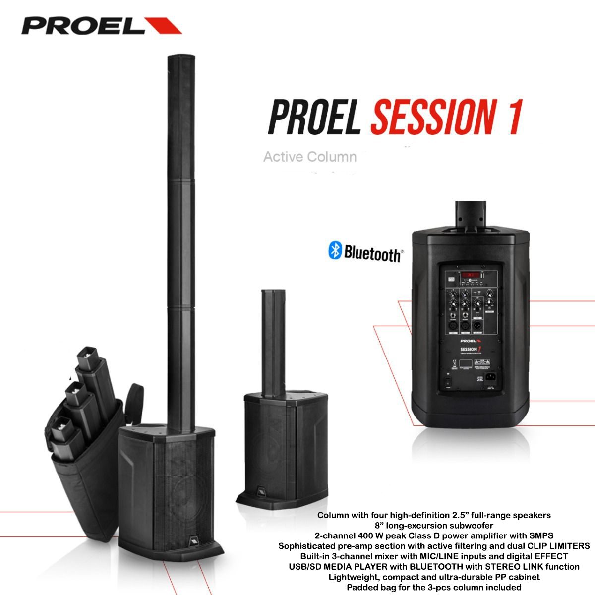 Proel SESSION 1 Battery Powered Portable  Compact Bluetooth PA Column Speaker System