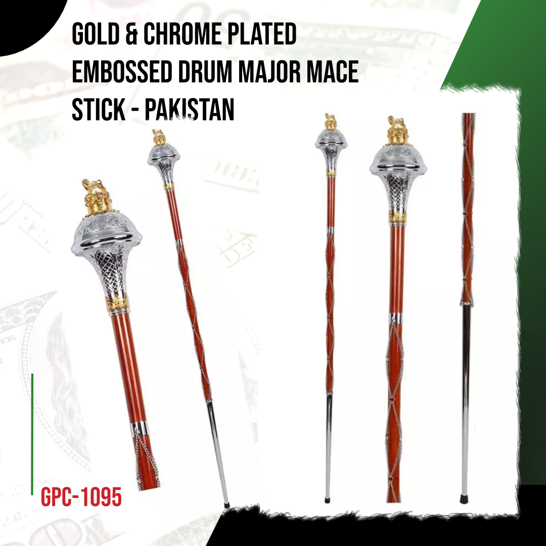 GOLD & CHROME PLATED EMBOSSED DRUM MAJOR MACE STICK GPC-1095(Pakistan)
