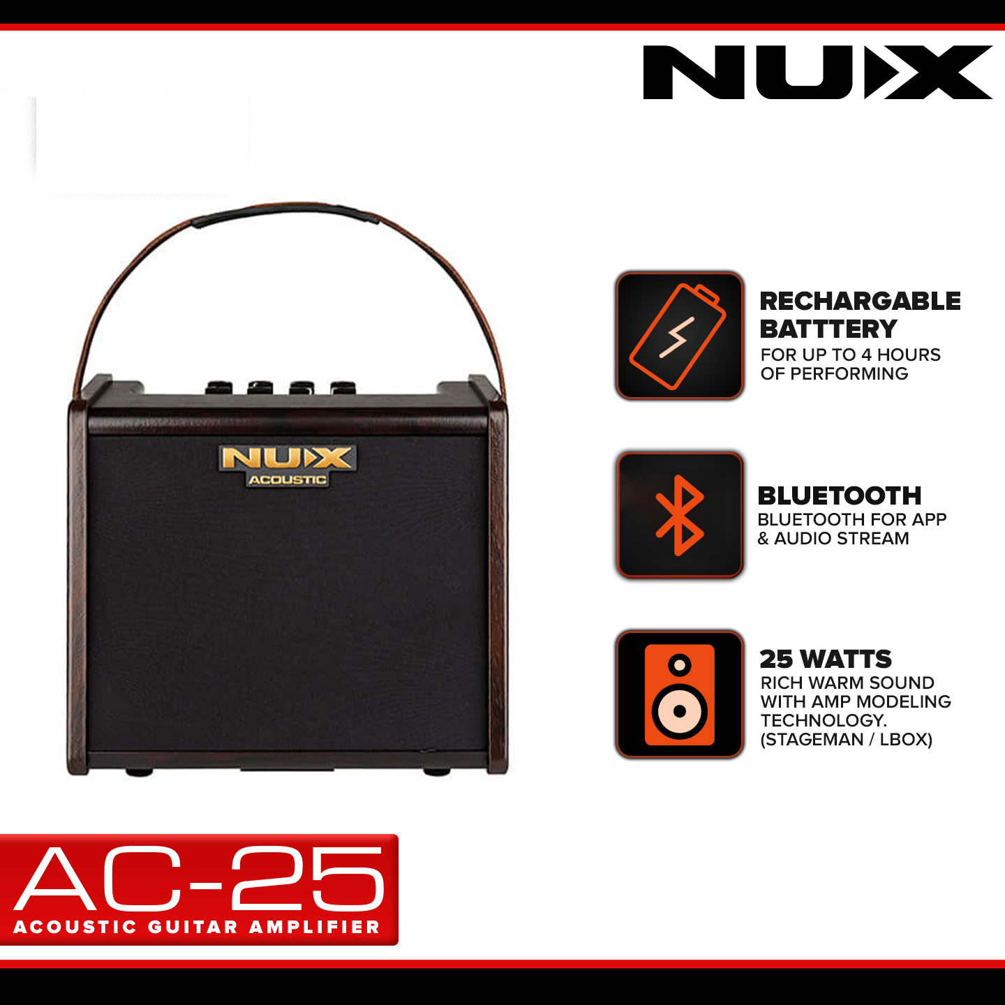 NuX AC-25 STAGEMAN 25 Watt Portable Battery Operated Acoustic Guitar Amplifier